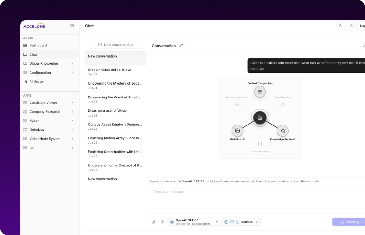 A1 Hub chat workspace with agentic mode and knowledge sources