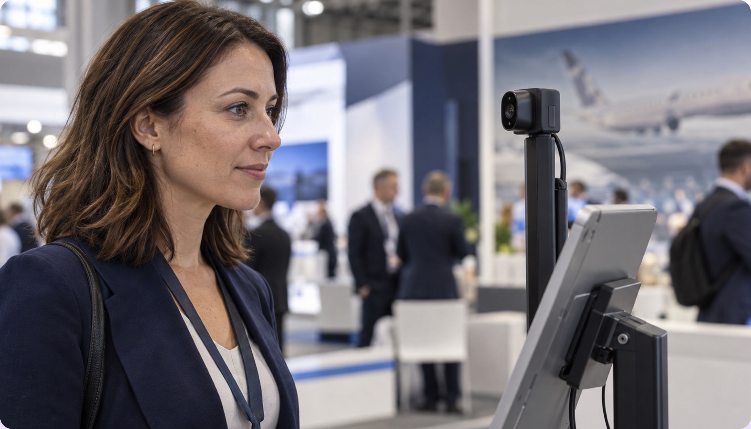 Visitor facing a facial recognition camera at an aviation industry event