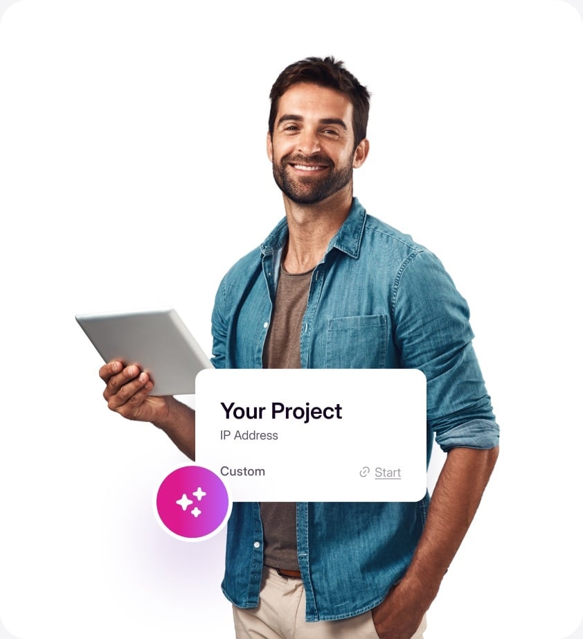 A client holding a tablet next to a card that reads Your Project